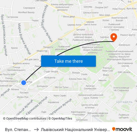 Вул. Степана Бандери to Львівський Національний Університет Ім. Івана Франка map