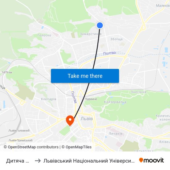 Дитяча Лiкарня to Львівський Національний Університет Ім. Івана Франка map