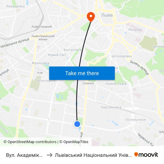 Вул. Академіка Підстригача to Львівський Національний Університет Ім. Івана Франка map