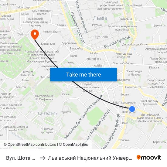 Вул. Шота Руставелі to Львівський Національний Університет Ім. Івана Франка map