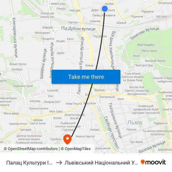 Палац Культури Ім. Гната Хоткевича to Львівський Національний Університет Ім. Івана Франка map