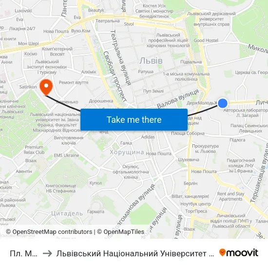 Пл. Митна to Львівський Національний Університет Ім. Івана Франка map