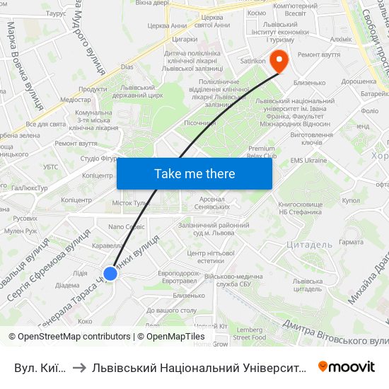 Вул. Київська to Львівський Національний Університет Ім. Івана Франка map