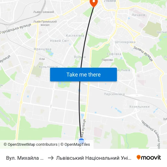Вул. Михайла Максимовича to Львівський Національний Університет Ім. Івана Франка map