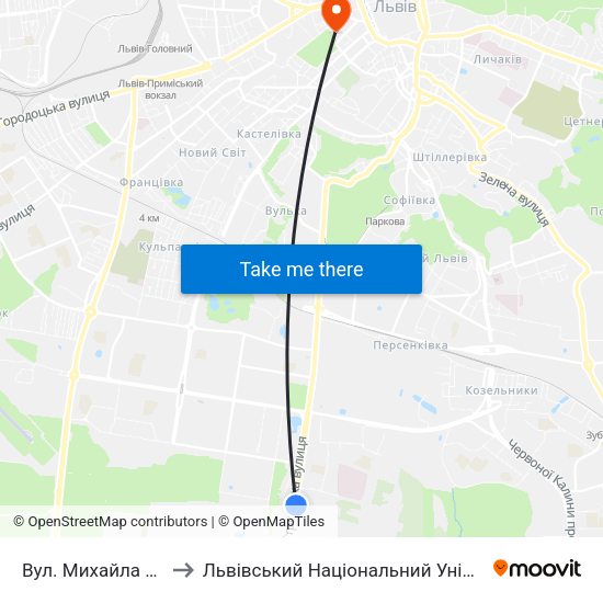 Вул. Михайла Максимовича to Львівський Національний Університет Ім. Івана Франка map