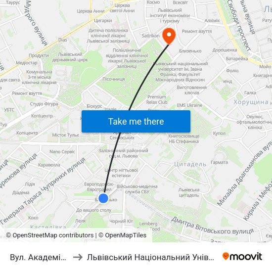 Вул. Академіка Сахарова to Львівський Національний Університет Ім. Івана Франка map