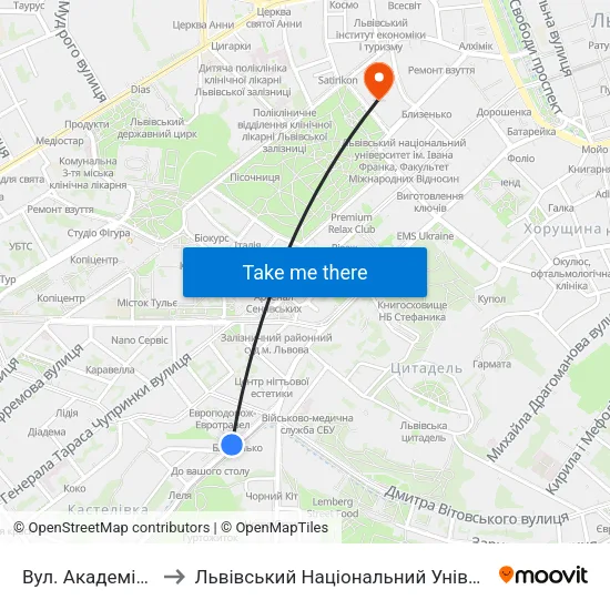 Вул. Академіка Сахарова to Львівський Національний Університет Ім. Івана Франка map