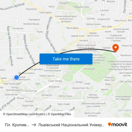 Пл. Кропивницького to Львівський Національний Університет Ім. Івана Франка map