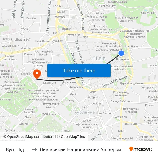 Вул. Підвальна to Львівський Національний Університет Ім. Івана Франка map