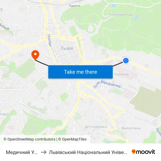 Медичний Університет to Львівський Національний Університет Ім. Івана Франка map