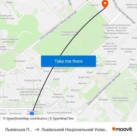 Львівська Політехніка to Львівський Національний Університет Ім. Івана Франка map