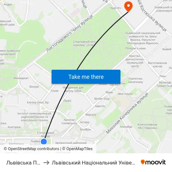 Львівська Політехніка to Львівський Національний Університет Ім. Івана Франка map