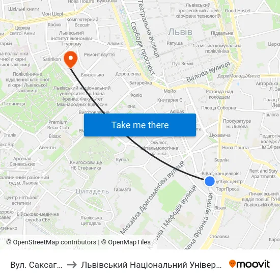 Вул. Саксаганського to Львівський Національний Університет Ім. Івана Франка map
