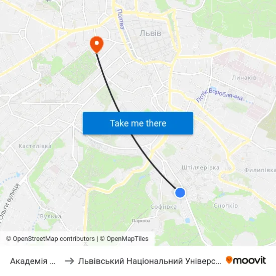 Академія Мистецтв to Львівський Національний Університет Ім. Івана Франка map