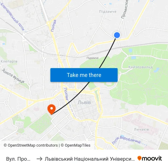 Вул. Промислова to Львівський Національний Університет Ім. Івана Франка map