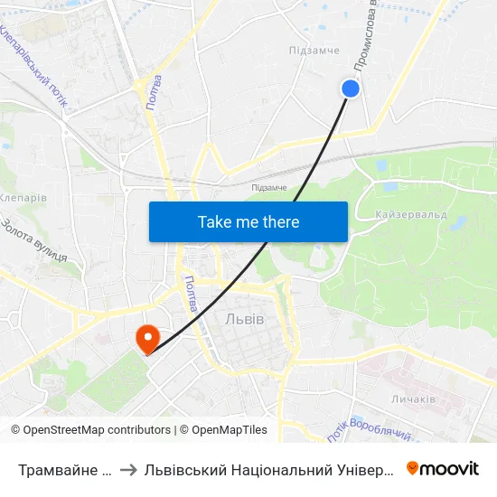 Трамвайне Депо №2 to Львівський Національний Університет Ім. Івана Франка map