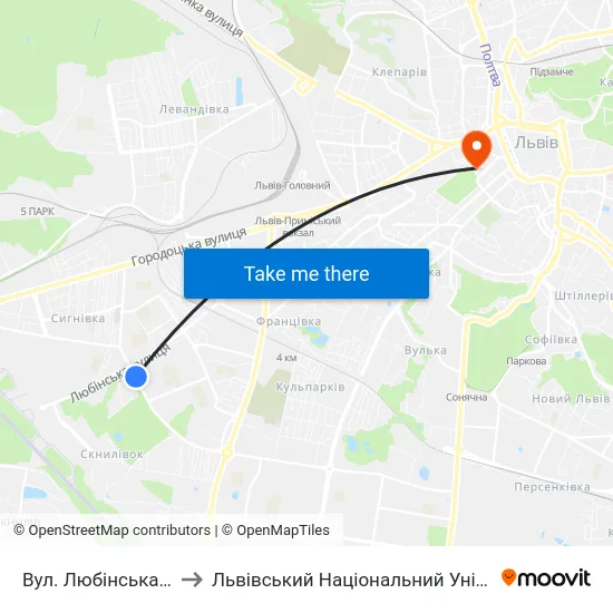Вул. Любінська / Виговського to Львівський Національний Університет Ім. Івана Франка map