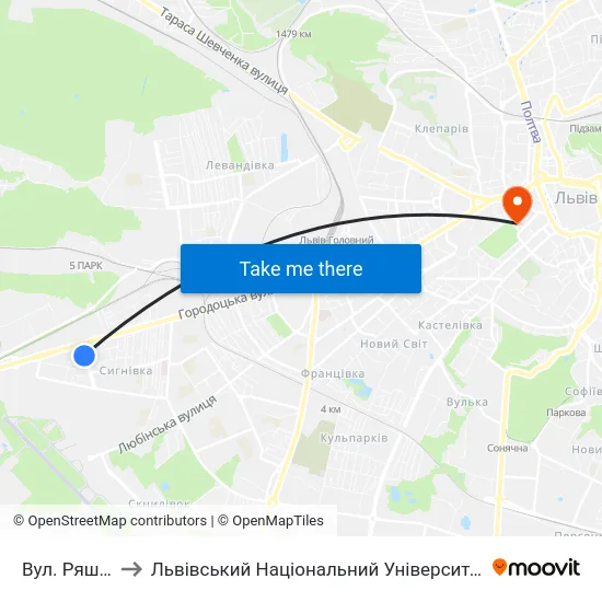 Вул. Ряшівська to Львівський Національний Університет Ім. Івана Франка map