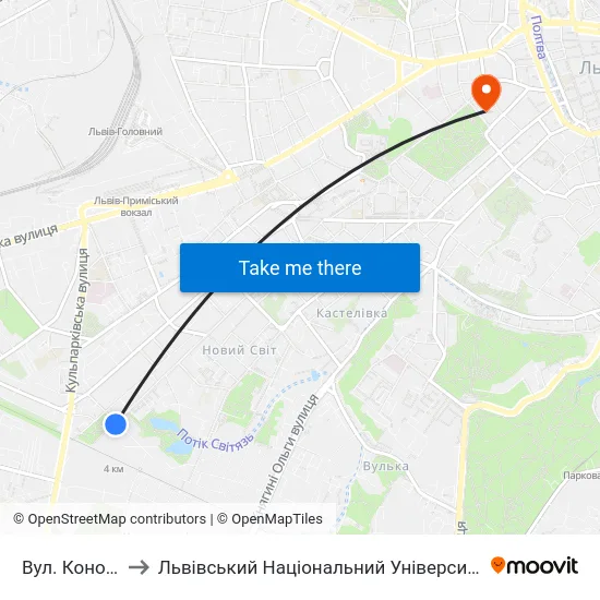 Вул. Коновальця to Львівський Національний Університет Ім. Івана Франка map