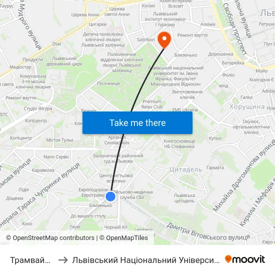 Трамвайне Депо to Львівський Національний Університет Ім. Івана Франка map
