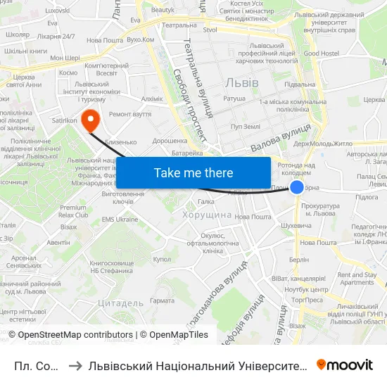 Пл. Соборна to Львівський Національний Університет Ім. Івана Франка map