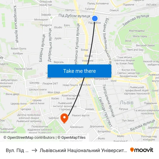 Вул. Під Дубом to Львівський Національний Університет Ім. Івана Франка map