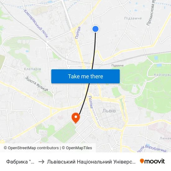 Фабрика "Динамо" to Львівський Національний Університет Ім. Івана Франка map
