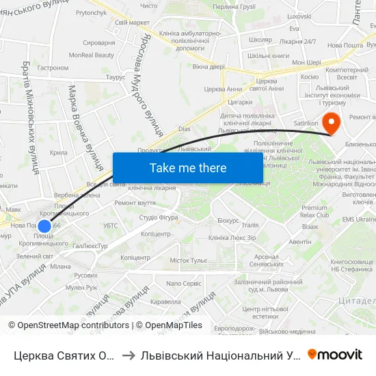 Церква Святих Ольги Та Єлизавети to Львівський Національний Університет Ім. Івана Франка map