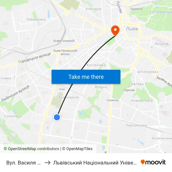 Вул. Василя Симоненка to Львівський Національний Університет Ім. Івана Франка map