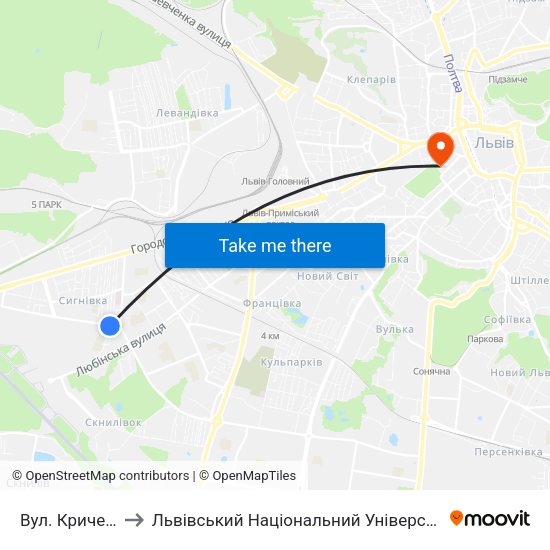 Вул. Кричевського to Львівський Національний Університет Ім. Івана Франка map