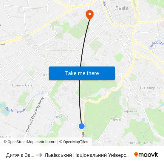 Дитяча Залізниця to Львівський Національний Університет Ім. Івана Франка map