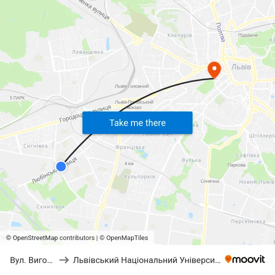 Вул. Виговського to Львівський Національний Університет Ім. Івана Франка map