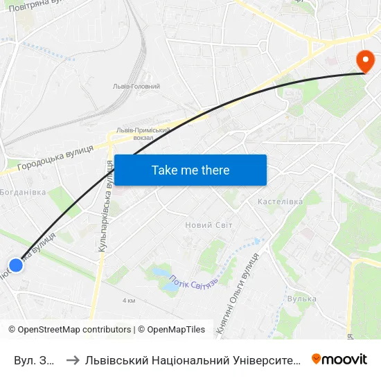 Вул. Зоряна to Львівський Національний Університет Ім. Івана Франка map