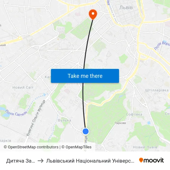 Дитяча Залізниця to Львівський Національний Університет Ім. Івана Франка map