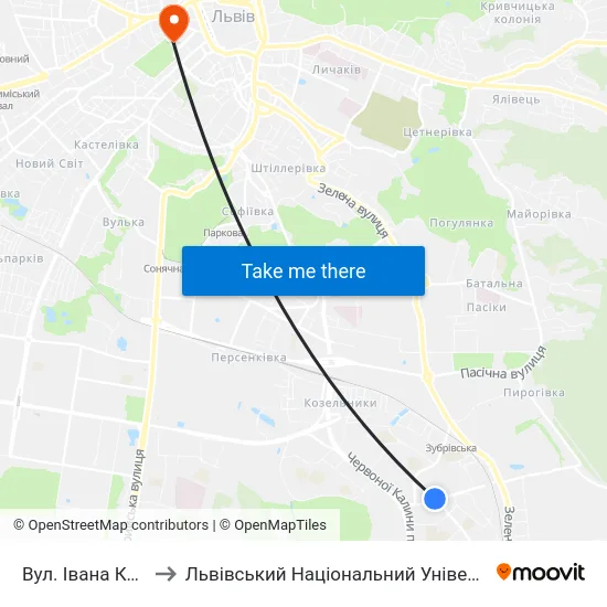 Вул. Івана Кавалерідзе to Львівський Національний Університет Ім. Івана Франка map