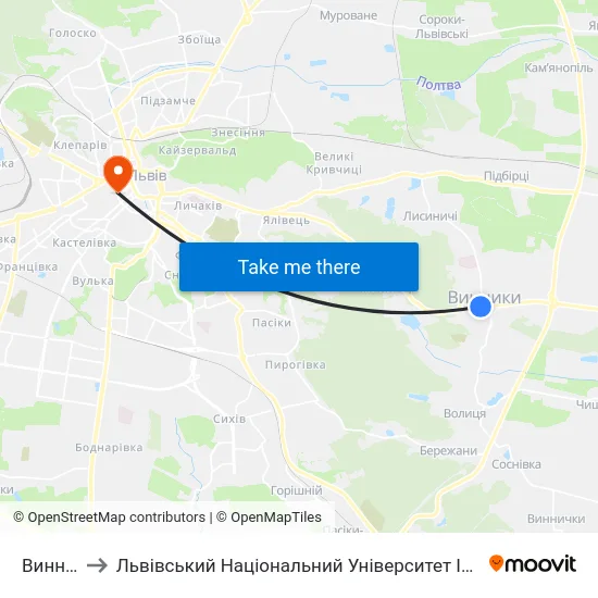 Винники to Львівський Національний Університет Ім. Івана Франка map