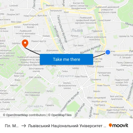 Пл. Митна to Львівський Національний Університет Ім. Івана Франка map