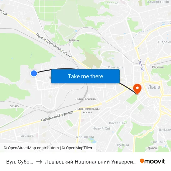 Вул. Суботівська to Львівський Національний Університет Ім. Івана Франка map
