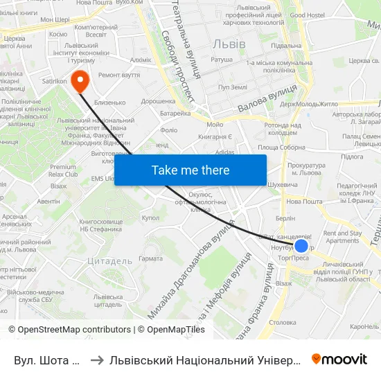 Вул. Шота Руставелі to Львівський Національний Університет Ім. Івана Франка map