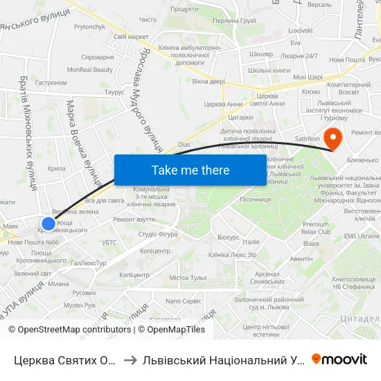 Церква Святих Ольги Та Єлизавети to Львівський Національний Університет Ім. Івана Франка map