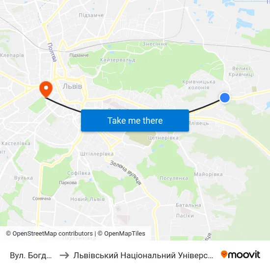 Вул. Богданівська to Львівський Національний Університет Ім. Івана Франка map