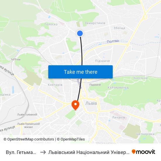 Вул. Гетьмана Мазепи to Львівський Національний Університет Ім. Івана Франка map
