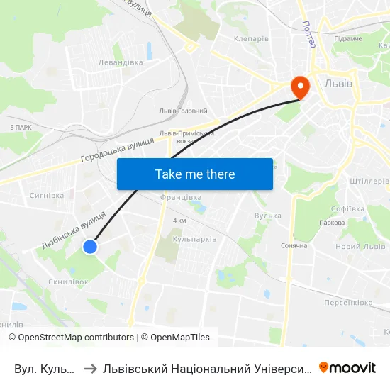 Вул. Кульчицької to Львівський Національний Університет Ім. Івана Франка map