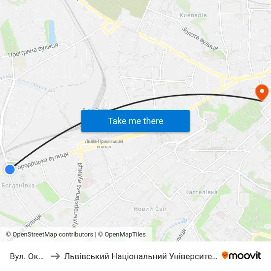 Вул. Окружна to Львівський Національний Університет Ім. Івана Франка map