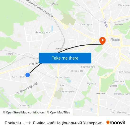 Поліклініка №5 to Львівський Національний Університет Ім. Івана Франка map