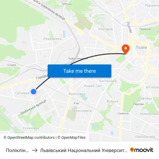 Поліклініка №5 to Львівський Національний Університет Ім. Івана Франка map