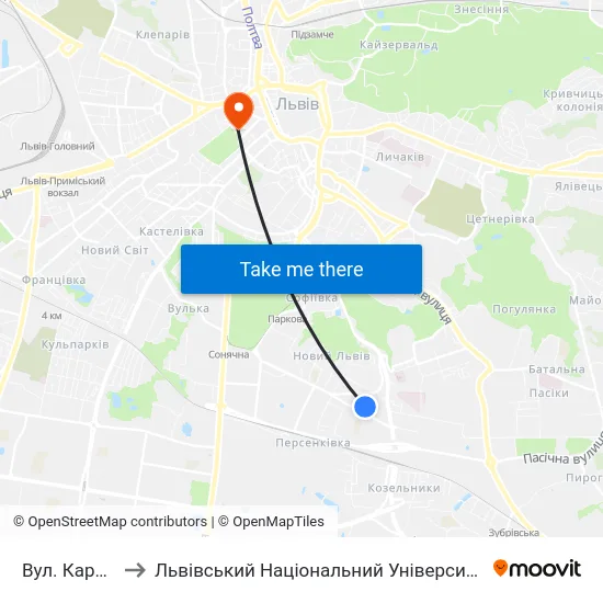 Вул. Карбишева to Львівський Національний Університет Ім. Івана Франка map
