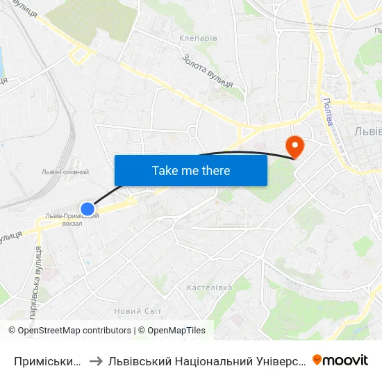 Приміський Вокзал to Львівський Національний Університет Ім. Івана Франка map