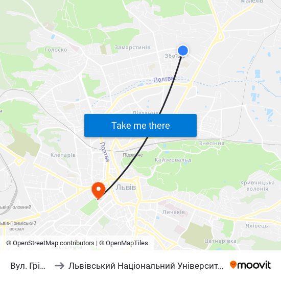 Вул. Грінченка to Львівський Національний Університет Ім. Івана Франка map