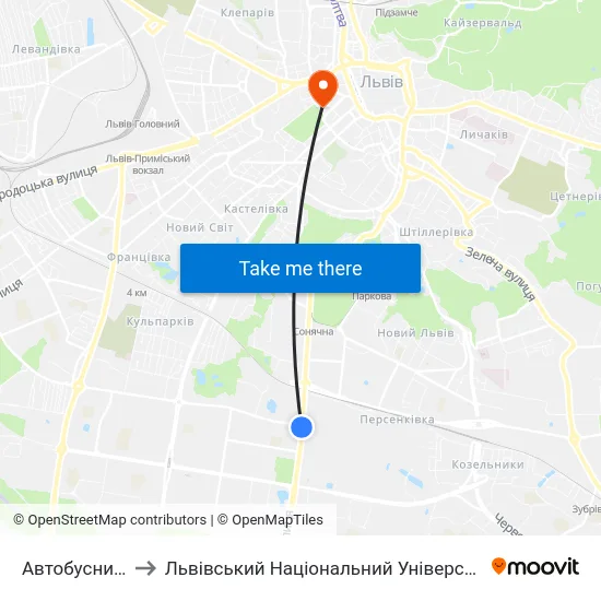 Автобусний Завод to Львівський Національний Університет Ім. Івана Франка map